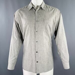FUJITO Size M Grey White Stripe Cotton Linen One Pocket Long Sleeve Shirt